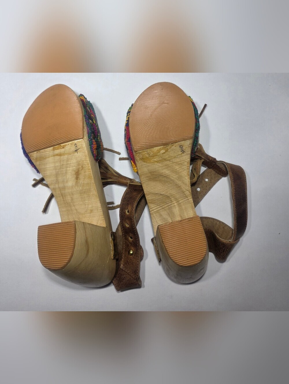 Uxibal Womens Size 8 Leather Ankle Strap Wooden Heel Colorful Woven Sandals Boho - Picture 4 of 7